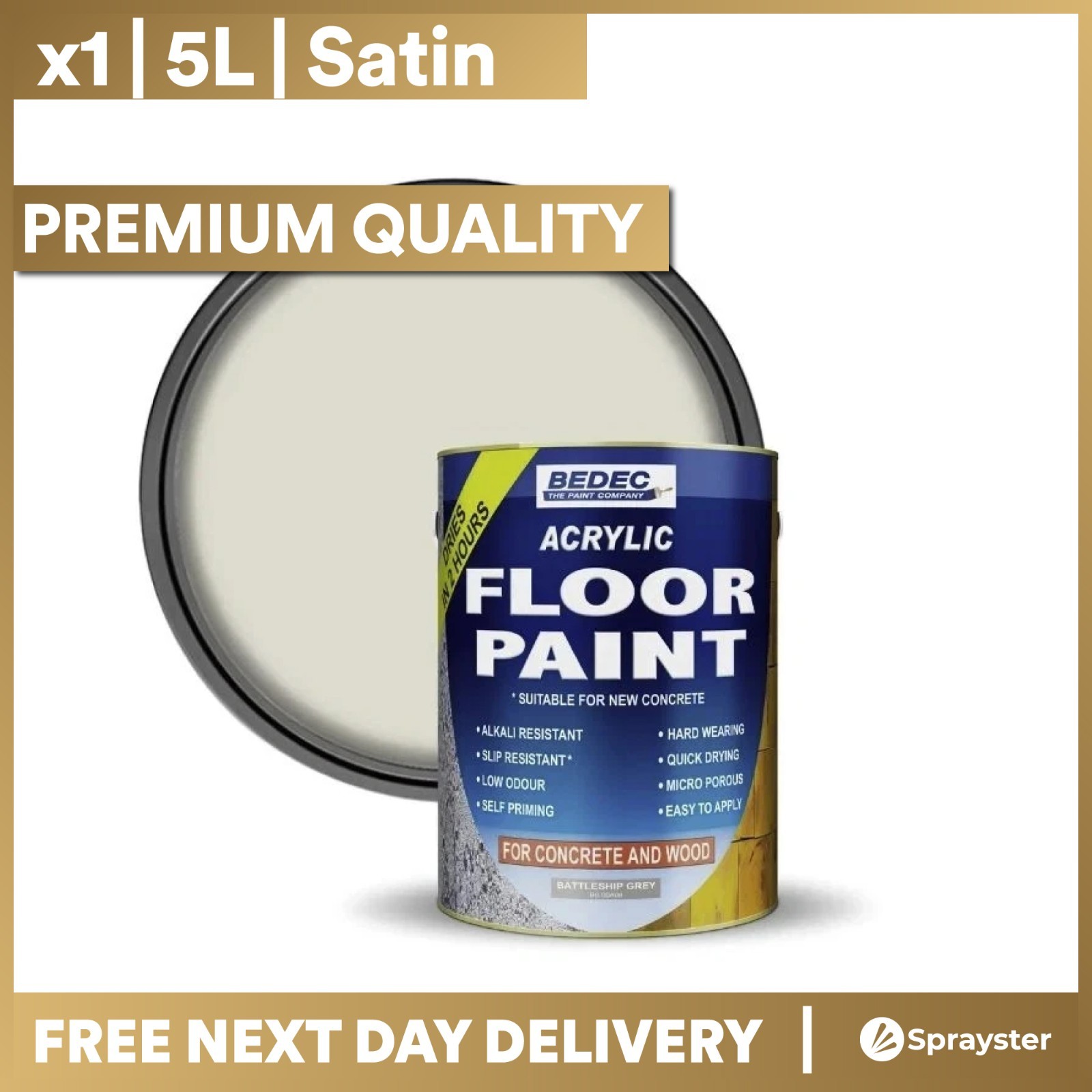 Bedec Premium Acrylic Anti-Slip Floor Paint Easy Clean Light Grey 5L