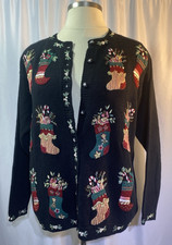 STITCHES IN TIME Christmas Stockings Cardigan Large Sweater Vintage L Black
