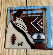 Earthtones VTG 1990 Native American Enamel Ceramic Tile Wall Hanging Trivet USA