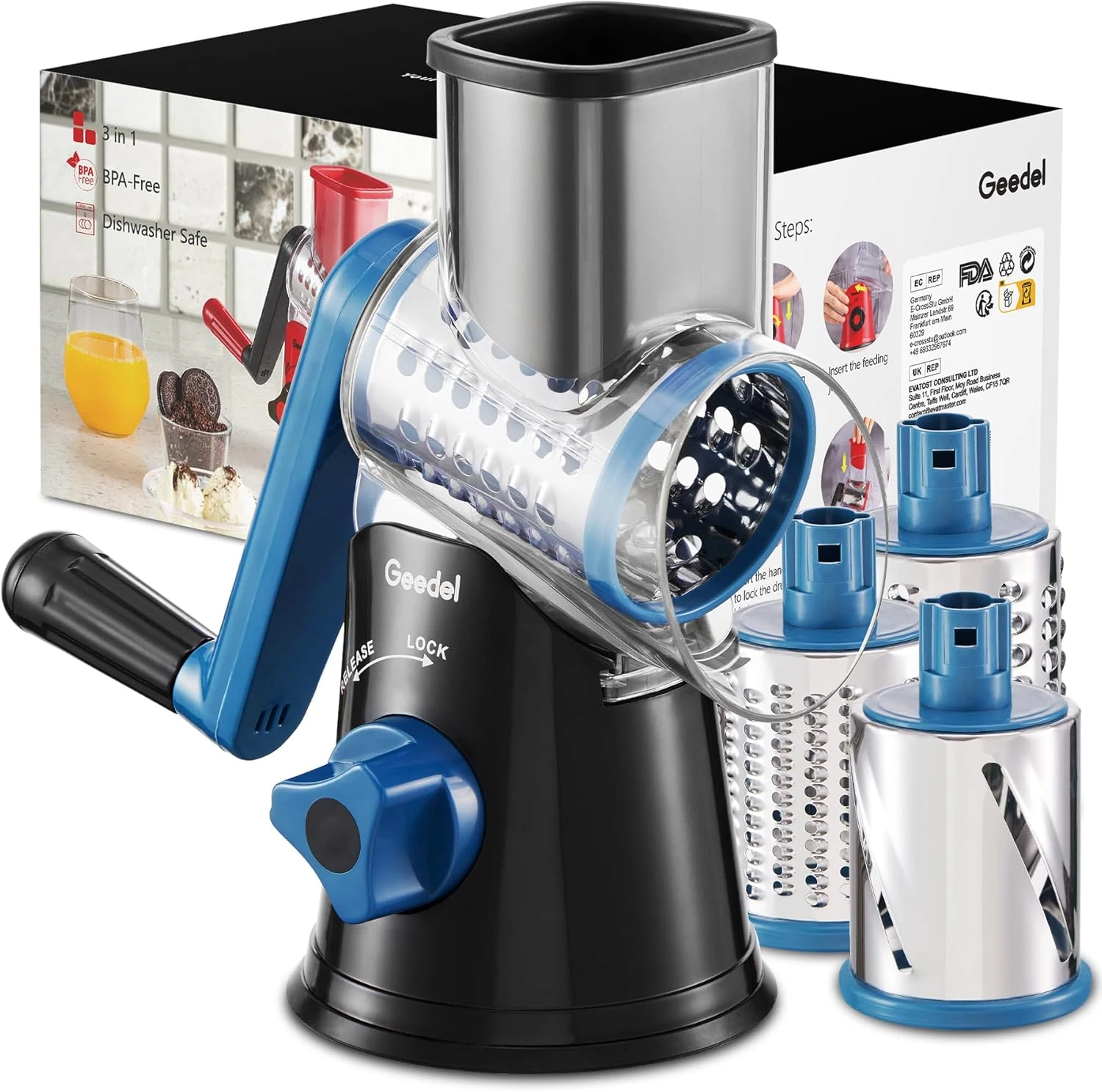 Rotary Cheese Grater, Kitchen Mandoline Vegetable Slicer with 3 Interchangeable
