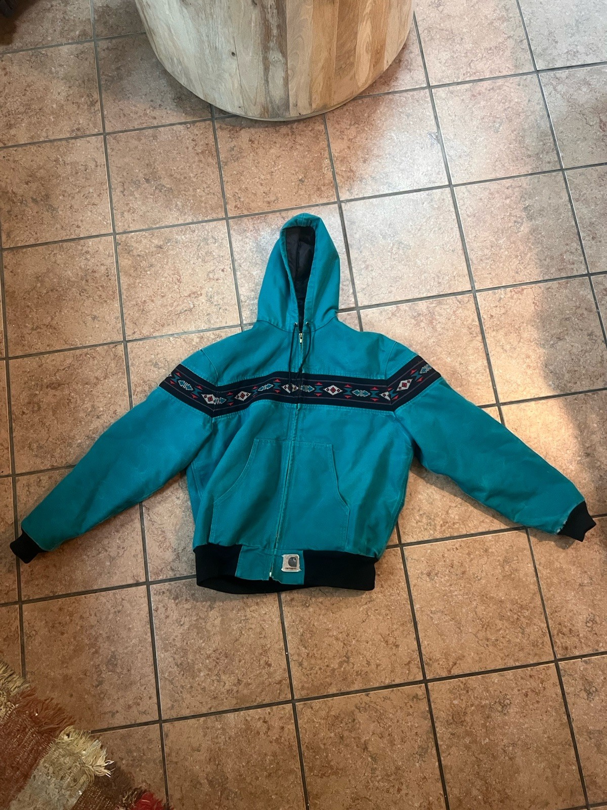 Vintage Carhartt Aztec Santa Fe Hooded Jacket Teal Aqua Medium J79 CLEAN 90s image 2