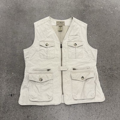 Vintage L.L.Bean Mens Large Beige Sleeveless Full Zip Utility Fishing Vest