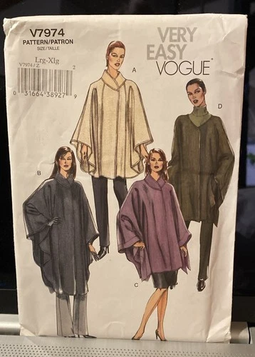 Vogue Sew Pattern 7974 Miss Unlined Cape Snap Closure Large XL. UNCUT