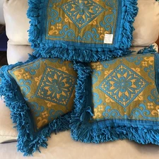 3 Vintage 1960s Italian Wool Pillow Cover Set Italy 16x16 Fringe with 2 Inserts