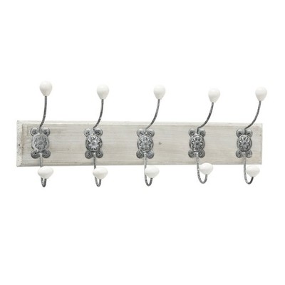 Garderobe Lindsay, 5 Doppelhaken, Holz und Metall Wandgarderobe Weiß Silber