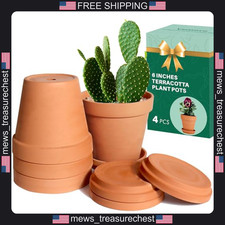 Plant Pots 6 Inch Terracotta Clay with Drainage Holes and Saucer, 4 Pack