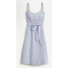 J CREW Seersucker Tie Waist Midi Dress Blue White Stripe Button Front Sz 2