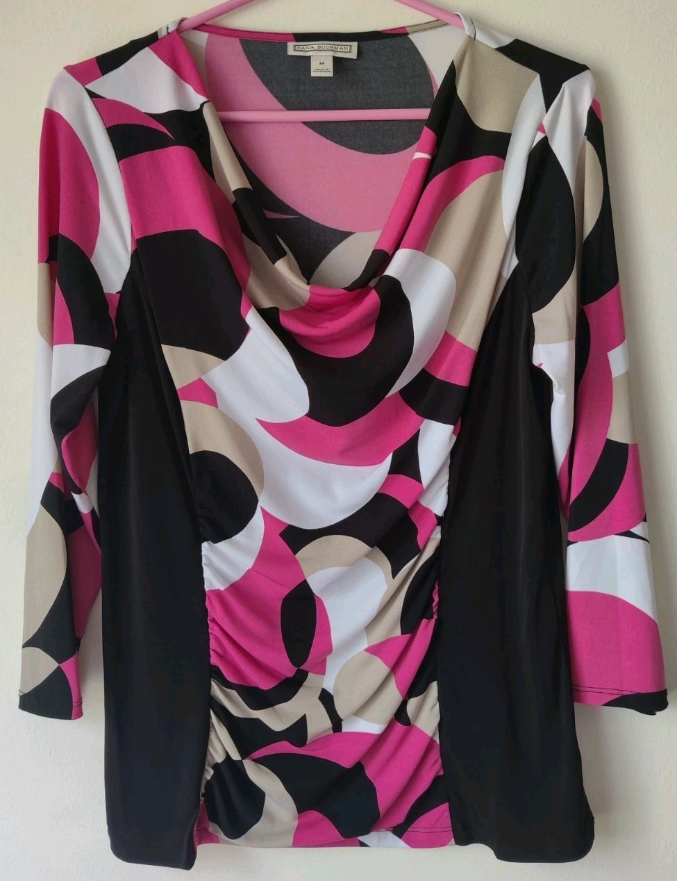Dana Buchman Women's 3/4 Sleeve Geometric Print Top Cowl Neck Size M Black/Pink