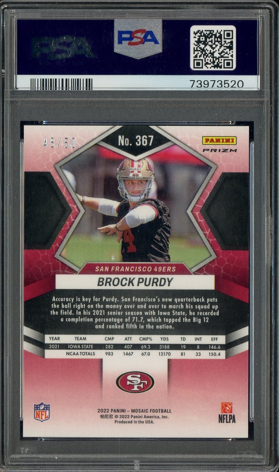 2022 Panini Mosaic No Huddle Purple #367 Brock Purdy RC Rookie 48/50 PSA 10 view 2