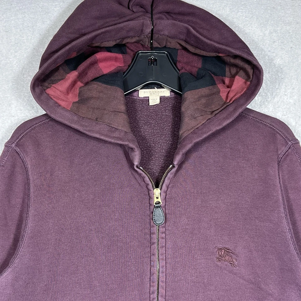 Moletom com capuz Burberry Brit Claredon zíper completo masculino xadrez médio logotipo Borgonha - Imagem 2 de 4