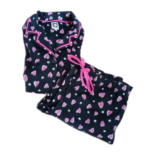 Anne Klein Pajama Set Womens Sz M Fleece Long Sleeve Long Pants Black PinkHearts