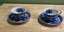 Vintage Blue Willow Teacup  Saucer Set Japan Transferware Blue White Crazed
