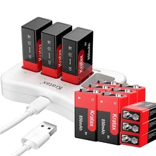 Kratax 9V Lithium Ion Rechargeable Batteries 850mAh 6F22 9 Volt Batteries LOT