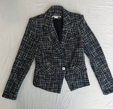 Veronica Beard Women's Black/White/Blue Plaid Button Collared Lined Blazer 2