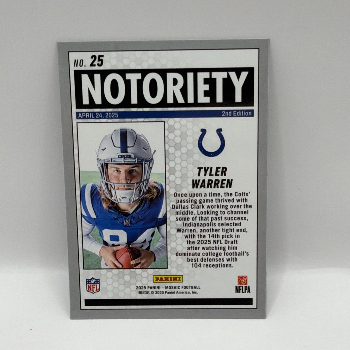 2025 Mosaic - Tyler Warren Notoriety #25 Indianapolis Colts Rookie