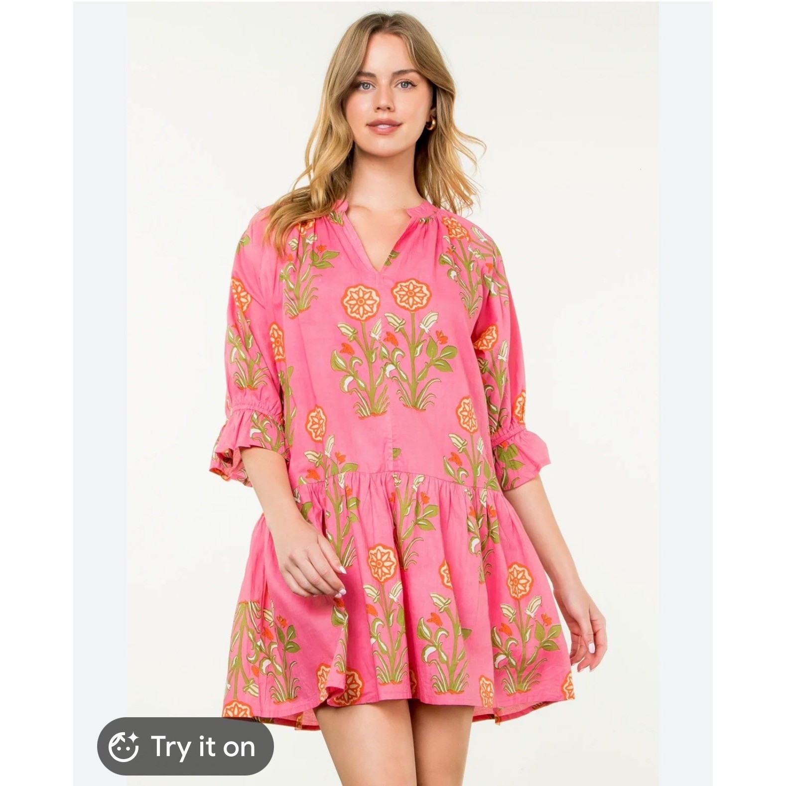 THML Maggie Pink Floral Block Print Mini Dress Split Neck Ruffle Sleeve Small