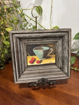 Small Framed Coffee And Cherries Framed In Rustic Canvas Original Blue Red Art