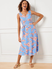 Talbots Women's Flowing Hibiscus Midi Fit & Flare Dress Blue/Pink 10