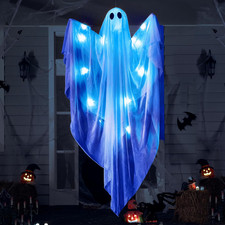 Halloween Hanging Light up Ghost, 47  White Ghosts with Blue LED Light and Timer