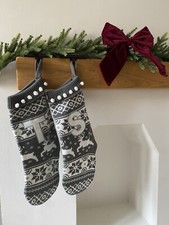 Matalan Grey & White Knitted Initial ‘T’ Christmas Stocking With Pom Poms