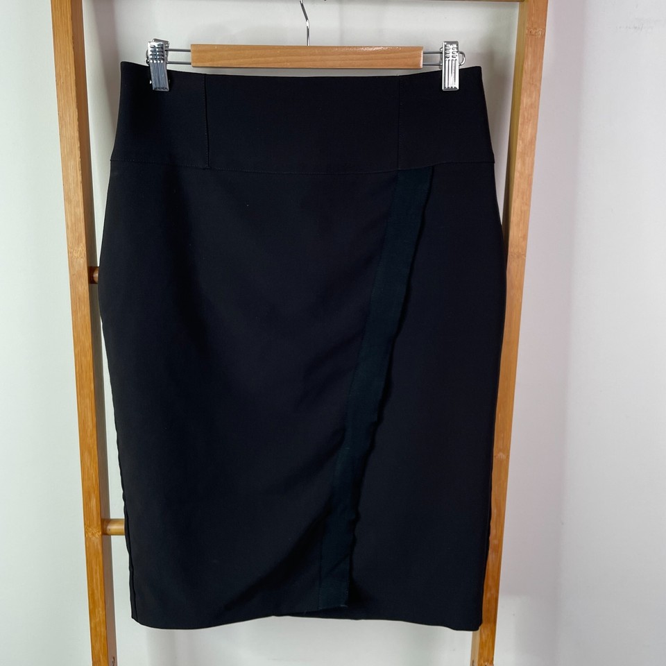 Jacqui E Pencil Skirt Womens 10 Black Knee Length Faux Wrap Lined Business