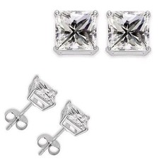 New Silver White Gold Plated .5 Carat 4MM Clear Princess Cut CZ Stud Earrings