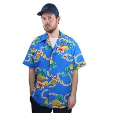 Vtg 70s Aloha Pineapple Floral Hawaiian Button Down Shirt Mens XL Tiki Camp Blue