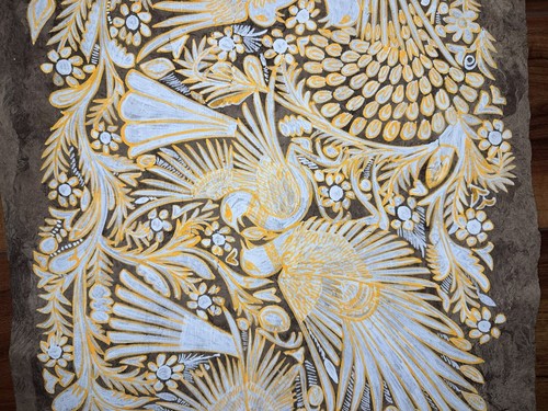 Vintage Pacific Islands Tapa Bark Cloth 23.25” x 16” Flower Bird Folk Art