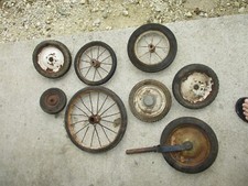 lot of 8 Vintage Wheels Cart Wagon Bicycle Buggy Decor rustic hard rubber spoked