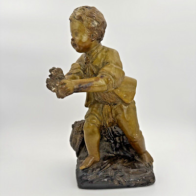 Borghese Chalkware Signed Salienne Peasant Boy & Girl Flowers Statue Mid-Century