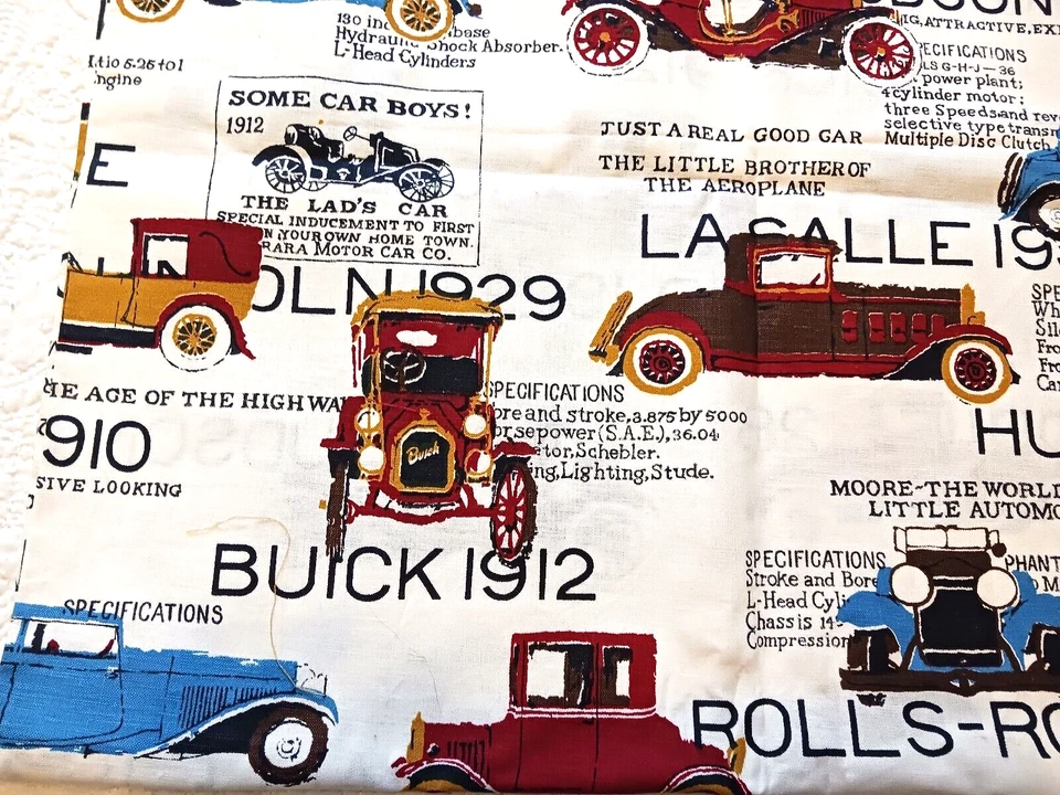 Vtg Cotton Canvas Fabric w Antique Cars Automobiles 6 Panels 44x36" LaSalle Huds - Image 3 of 4