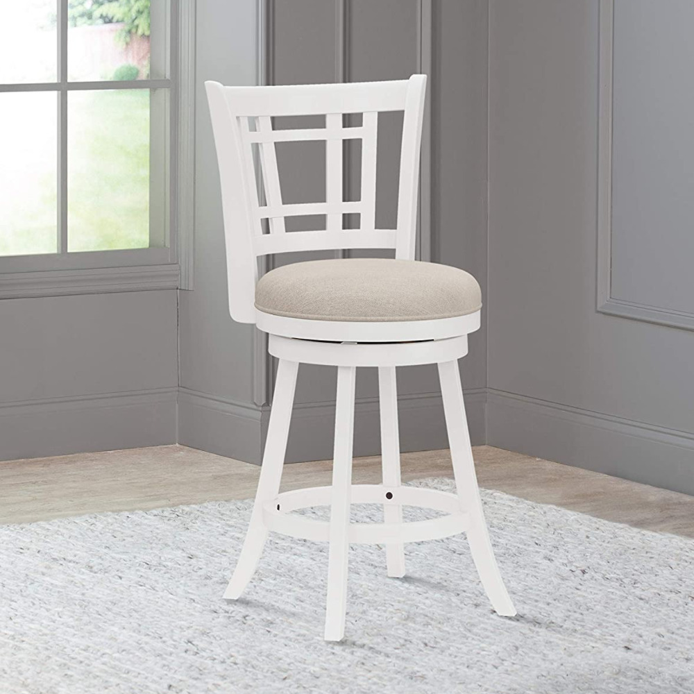 Modern Counter Height Swivel Stool Upholstered Seat Geometric Back Wooden White