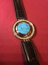 “B”Womens Genuine Diamond Spinner Watch Oyster Face~Faux Tuquoise