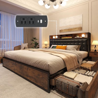 Full Size Upholstered Bed Frame w/ Headboard 4 Drawers Charging Station No Noise