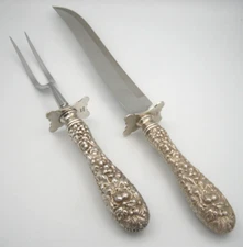 STIEFF CO REPOUSSE STERLING SILVER FORK & KNIFE MEAT CARVING SET W/ 925 GUARDS