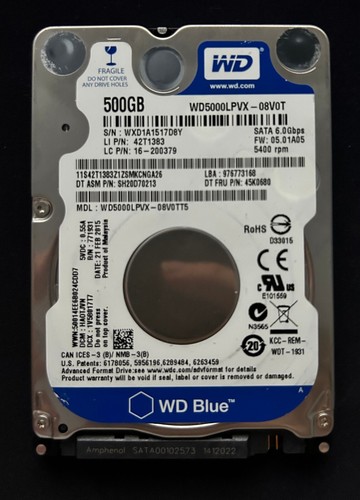 Western Digital Blue 500GB, SATA III, 2,5 Zoll Interne Festplatte (WD5000LPVX)