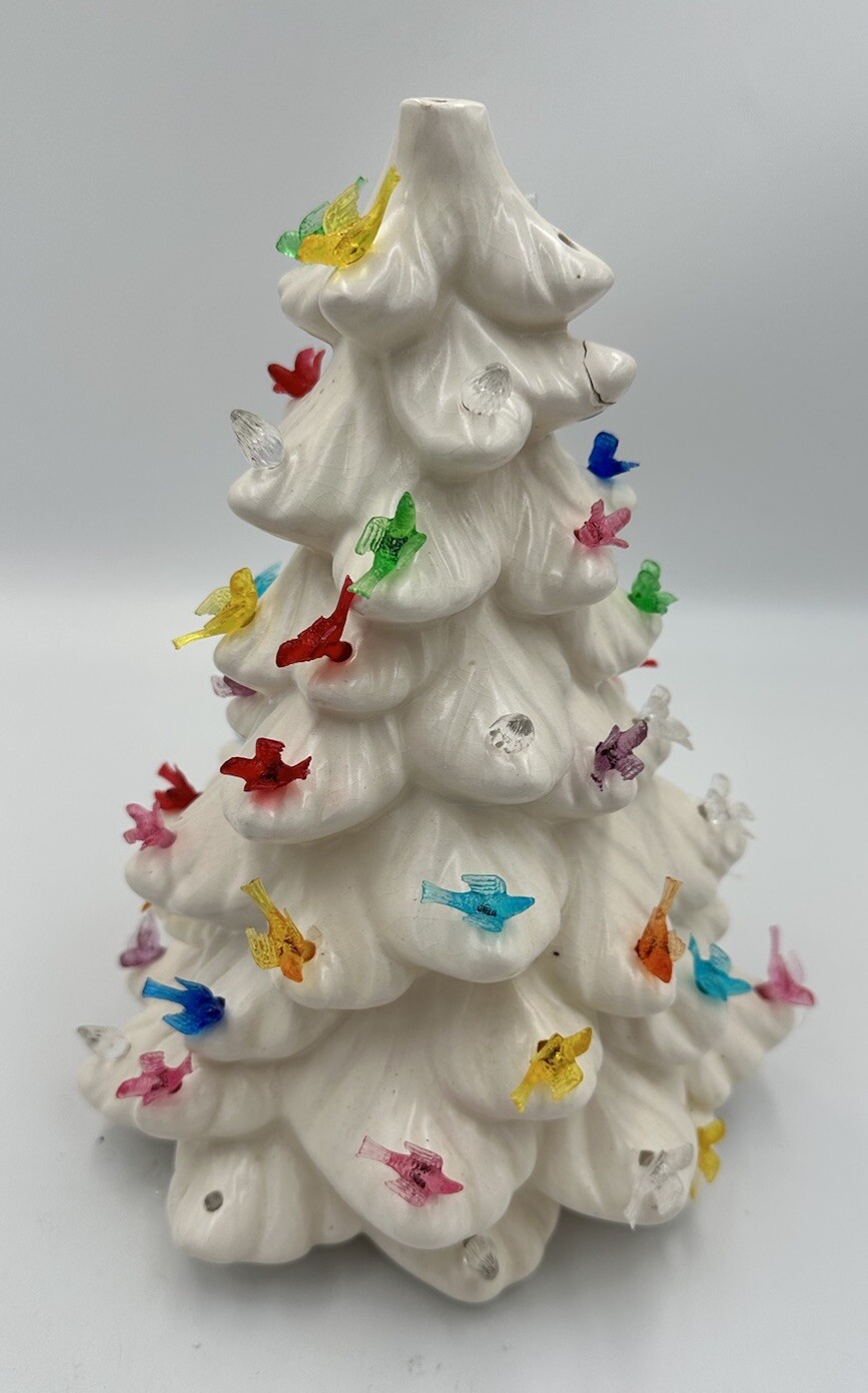 Vintage White Ceramic Christmas Tree Doves No Light Missing 4 Doves And