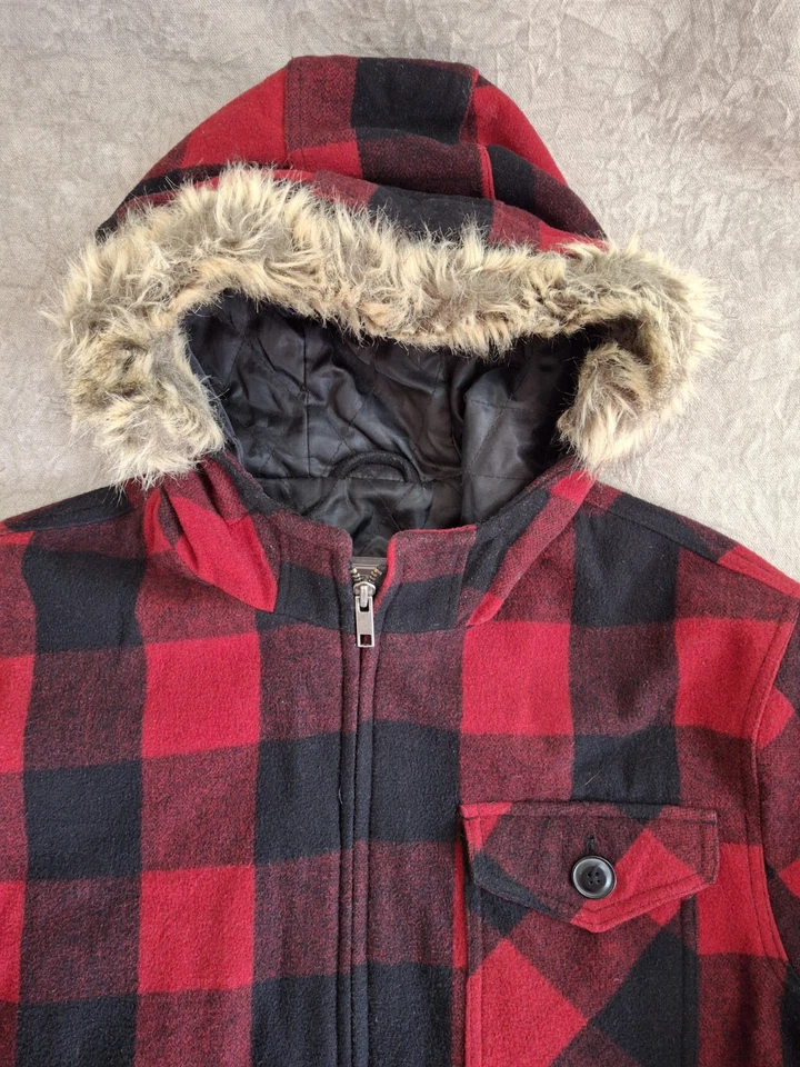 Aeropostale Wool/Poly Pea Coat Jacket Faux Fur Hood Red/Black Plaid Men L (XL) - Image 2 of 4