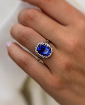 Blue Cushion Cut Cubic Zirconia Halo Party Wear Gift 925 Sterling Silver Ring