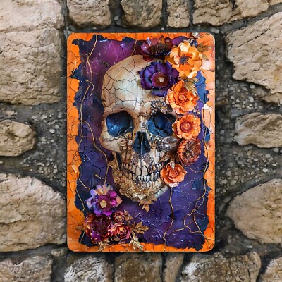 Floral Skull Metal Sign - Gothic Day of the Dead Decor, Halloween Wall Art, 8x12