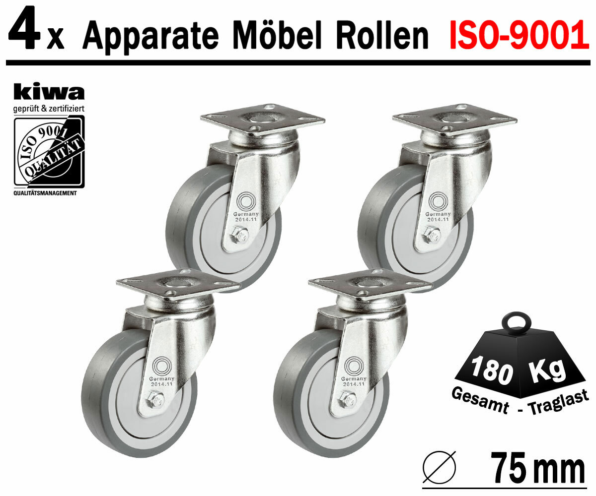 Möbelrollen Apparate Laufrollen Lenk Rollen 4 x Ø 75 mm Le-Le BS-Rollen Germany