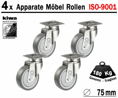 Möbelrollen Apparate Laufrollen Lenk Rollen 4 x Ø 75 mm Le-Le BS-Rollen Germany