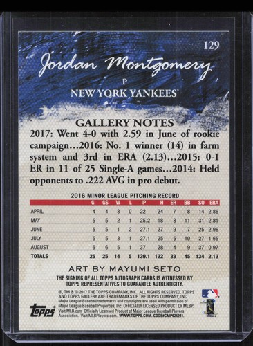 2017 Topps Gallery #129 Jordan Montgomery Autographs - Picture 2 of 2