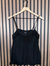 Moda International Black Camisole Small Womens Black Y2K Lace Trim Popover