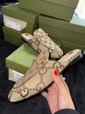Gucci GG Logo Horsebit Canvas Women's Loafer Flats Beige Brown EU 37