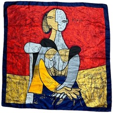     Colorful Picasso Scarf, Seated Woman, Cubism, Red, Blue, Gold. 34" x 34"