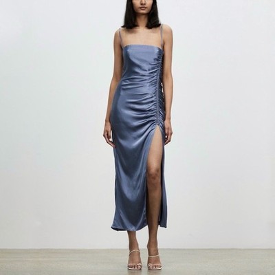 Shona Joy Lily Bias Ruched Midi Dress in Blue Size 8