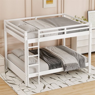 Queen Size Wood Bunk Bed w/Ladder & Guard Rails for Adults Teens Bedroom,White