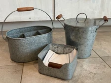 NEW Farmhouse Napkin Holder Galvanized Metal Ice Bucket Flatware Carrier Utensil