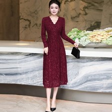 Womens V Neck Lace Crochet Long Sleeve Mid Long A Line Dress Sequin Party Ladies